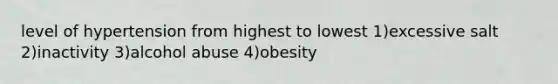 level of hypertension from highest to lowest 1)excessive salt 2)inactivity 3)alcohol abuse 4)obesity