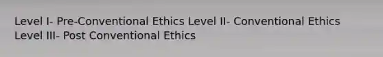 Level I- Pre-Conventional Ethics Level II- Conventional Ethics Level III- Post Conventional Ethics