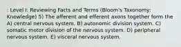 : Level I: Reviewing Facts and Terms (Bloom's Taxonomy: Knowledge) 5) The afferent and efferent axons together form the A) central nervous system. B) autonomic division system. C) somatic motor division of the nervous system. D) peripheral nervous system. E) visceral nervous system.