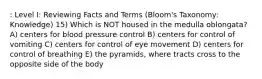 : Level I: Reviewing Facts and Terms (Bloom's Taxonomy: Knowledge) 15) Which is NOT housed in the medulla oblongata? A) centers for blood pressure control B) centers for control of vomiting C) centers for control of eye movement D) centers for control of breathing E) the pyramids, where tracts cross to the opposite side of the body