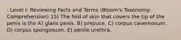 : Level I: Reviewing Facts and Terms (Bloom's Taxonomy: Comprehension) 15) The fold of skin that covers the tip of the penis is the A) glans penis. B) prepuce. C) corpus cavernosum. D) corpus spongiosum. E) penile urethra.