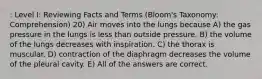 : Level I: Reviewing Facts and Terms (Bloom's Taxonomy: Comprehension) 20) Air moves into the lungs because A) the gas pressure in the lungs is less than outside pressure. B) the volume of the lungs decreases with inspiration. C) the thorax is muscular. D) contraction of the diaphragm decreases the volume of the pleural cavity. E) All of the answers are correct.