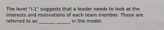 The level "I-1" suggests that a leader needs to look at the interests and motivations of each team member. These are referred to as _______ ______ in the model.