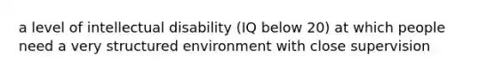 a level of intellectual disability (IQ below 20) at which people need a very structured environment with close supervision