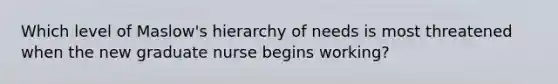 Which level of Maslow's hierarchy of needs is most threatened when the new graduate nurse begins working?