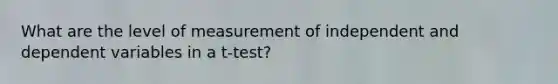 What are the level of measurement of independent and dependent variables in a t-test?