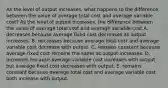 As the level of output​ increases, what happens to the difference between the value of average total cost and average variable​ cost? As the level of output​ increases, the difference between the value of average total cost and average variable cost A. decreases because average fixed cost decreases as output increases. B. decreases because average total cost and average variable cost decrease with output. C. remains constant because average fixed cost remains the same as output increases. D. increases because average variable cost increases with output but average fixed cost decreases with output. E. remains constant because average total cost and average variable cost both increase with output.