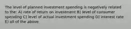 The level of planned investment spending is negatively related to the: A) rate of return on investment B) level of consumer spending C) level of actual investment spending D) interest rate E) all of the above