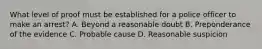 What level of proof must be established for a police officer to make an arrest? A. Beyond a reasonable doubt B. Preponderance of the evidence C. Probable cause D. Reasonable suspicion