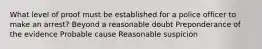 What level of proof must be established for a police officer to make an arrest? Beyond a reasonable doubt Preponderance of the evidence Probable cause Reasonable suspicion