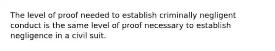 The level of proof needed to establish criminally negligent conduct is the same level of proof necessary to establish negligence in a civil suit.