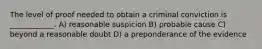 The level of proof needed to obtain a criminal conviction is ____________. A) reasonable suspicion B) probable cause C) beyond a reasonable doubt D) a preponderance of the evidence