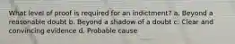 What level of proof is required for an indictment? a. Beyond a reasonable doubt b. Beyond a shadow of a doubt c. Clear and convincing evidence d. Probable cause