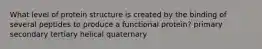 What level of protein structure is created by the binding of several peptides to produce a functional protein? primary secondary tertiary helical quaternary