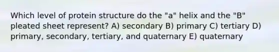 Which level of protein structure do the "a" helix and the "B" pleated sheet represent? A) secondary B) primary C) tertiary D) primary, secondary, tertiary, and quaternary E) quaternary