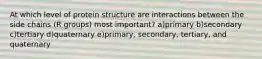 At which level of protein structure are interactions between the side chains (R groups) most important? a)primary b)secondary c)tertiary d)quaternary e)primary, secondary, tertiary, and quaternary