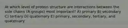 At which level of protein structure are interactions between the side chains (R-groups) most important? A) primary B) secondary C) tertiary D) quaternary E) primary, secondary, tertiary, and quaternary