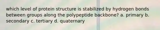 which level of protein structure is stabilized by hydrogen bonds between groups along the polypeptide backbone? a. primary b. secondary c. tertiary d. quaternary