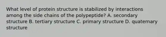 What level of protein structure is stabilized by interactions among the side chains of the polypeptide? A. secondary structure B. tertiary structure C. primary structure D. quaternary structure