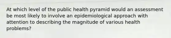 At which level of the public health pyramid would an assessment be most likely to involve an epidemiological approach with attention to describing the magnitude of various health problems?