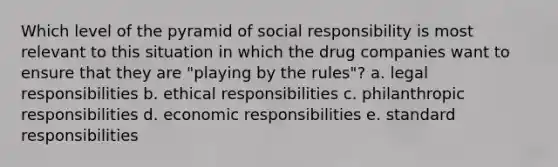 Which level of the pyramid of social responsibility is most relevant to this situation in which the drug companies want to ensure that they are "playing by the rules"? a. legal responsibilities b. ethical responsibilities c. philanthropic responsibilities d. economic responsibilities e. standard responsibilities