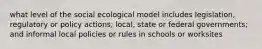 what level of the social ecological model includes legislation, regulatory or policy actions; local, state or federal governments; and informal local policies or rules in schools or worksites