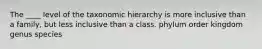 The ____ level of the taxonomic hierarchy is more inclusive than a family, but less inclusive than a class. phylum order kingdom genus species