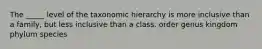 The _____ level of the taxonomic hierarchy is more inclusive than a family, but less inclusive than a class. order genus kingdom phylum species