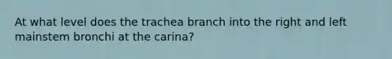 At what level does the trachea branch into the right and left mainstem bronchi at the carina?