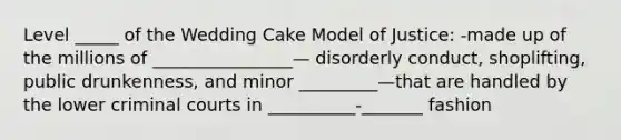 Level _____ of the Wedding Cake Model of Justice: -made up of the millions of ________________— disorderly conduct, shoplifting, public drunkenness, and minor _________—that are handled by the lower criminal courts in __________-_______ fashion