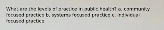 What are the levels of practice in public health? a. community focused practice b. systems focused practice c. individual focused practice