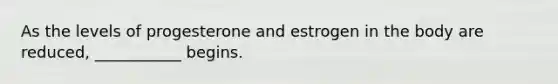 As the levels of progesterone and estrogen in the body are reduced, ___________ begins.
