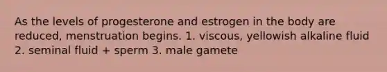 As the levels of progesterone and estrogen in the body are reduced, menstruation begins. 1. viscous, yellowish alkaline fluid 2. seminal fluid + sperm 3. male gamete