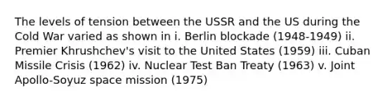 The levels of tension between the USSR and the US during the Cold War varied as shown in i. Berlin blockade (1948-1949) ii. Premier Khrushchev's visit to the United States (1959) iii. Cuban Missile Crisis (1962) iv. Nuclear Test Ban Treaty (1963) v. Joint Apollo-Soyuz space mission (1975)