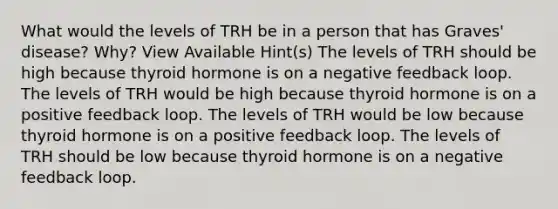 What would the levels of TRH be in a person that has Graves' disease? Why? View Available Hint(s) The levels of TRH should be high because thyroid hormone is on a negative feedback loop. The levels of TRH would be high because thyroid hormone is on a positive feedback loop. The levels of TRH would be low because thyroid hormone is on a positive feedback loop. The levels of TRH should be low because thyroid hormone is on a negative feedback loop.