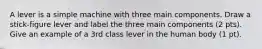 A lever is a simple machine with three main components. Draw a stick-figure lever and label the three main components (2 pts). Give an example of a 3rd class lever in the human body (1 pt).