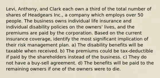 Levi, Anthony, and Clark each own a third of the total number of shares of Headgears Inc., a company which employs over 50 people. The business owns individual life insurance and individual disability policies on the owners' lives, and the premiums are paid by the corporation. Based on the current insurance coverage, identify the most significant implication of their risk management plan. a) The disability benefits will be taxable when received. b) The premiums could be tax-deductible if paid by the shareholders instead of the business. c) They do not have a buy-sell agreement. d) The benefits will be paid to the remaining owners if one of the owners were to die.