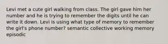 Levi met a cute girl walking from class. The girl gave him her number and he is trying to remember the digits until he can write it down. Levi is using what type of memory to remember the girl's phone number? semantic collective working memory episodic