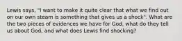 Lewis says, "I want to make it quite clear that what we find out on our own steam is something that gives us a shock". What are the two pieces of evidences we have for God, what do they tell us about God, and what does Lewis find shocking?