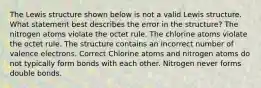 The Lewis structure shown below is not a valid Lewis structure. What statement best describes the error in the structure? The nitrogen atoms violate the octet rule. The chlorine atoms violate the octet rule. The structure contains an incorrect number of valence electrons. Correct Chlorine atoms and nitrogen atoms do not typically form bonds with each other. Nitrogen never forms double bonds.