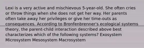 Lexi is a very active and mischievous 5-year-old. She often cries or throw things when she does not get her way. Her parents often take away her privileges or give her time-outs as consequences. According to Bronfenbrenner's ecological systems theory, the parent-child interaction described above best characterizes which of the following systems? Exosystem Microsystem Mesosystem Macrosystem