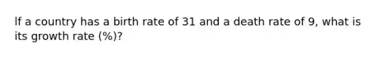 lf a country has a birth rate of 31 and a death rate of 9, what is its growth rate (%)?