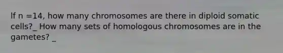 lf n =14, how many chromosomes are there in diploid somatic cells?_ How many sets of homologous chromosomes are in the gametes? _