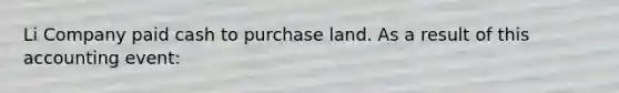 Li Company paid cash to purchase land. As a result of this accounting event: