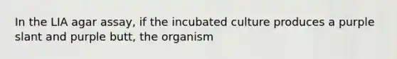 In the LIA agar assay, if the incubated culture produces a purple slant and purple butt, the organism