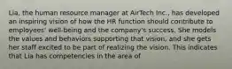 Lia, the human resource manager at AirTech Inc., has developed an inspiring vision of how the HR function should contribute to employees' well-being and the company's success. She models the values and behaviors supporting that vision, and she gets her staff excited to be part of realizing the vision. This indicates that Lia has competencies in the area of