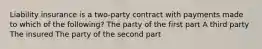 Liability insurance is a two-party contract with payments made to which of the following? The party of the first part A third party The insured The party of the second part