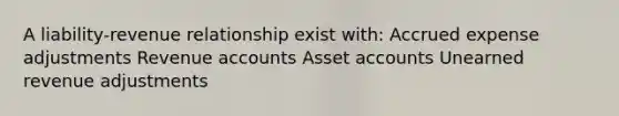 A liability-revenue relationship exist with: Accrued expense adjustments Revenue accounts Asset accounts Unearned revenue adjustments