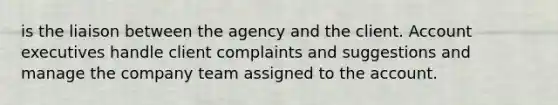 is the liaison between the agency and the client. Account executives handle client complaints and suggestions and manage the company team assigned to the account.