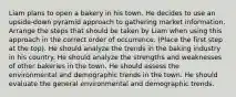 Liam plans to open a bakery in his town. He decides to use an upside-down pyramid approach to gathering market information. Arrange the steps that should be taken by Liam when using this approach in the correct order of occurrence. (Place the first step at the top). He should analyze the trends in the baking industry in his country. He should analyze the strengths and weaknesses of other bakeries in the town. He should assess the environmental and demographic trends in the town. He should evaluate the general environmental and demographic trends.